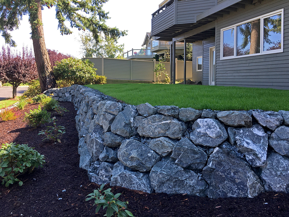 Bellingham Tiered Landscape with Natural Rock Wall, Planter Bed, and New Lawn